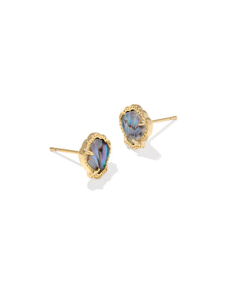 Kendra Scott Brynne Shell Gold Stud Earrings with shell-shaped stones in a textured gold frame, beach-inspired stud earrings. Kendra Scott stud earrings, shell stud earrings, gold shell earrings, coastal jewelry, beach-inspired earrings, women’s gold studs, summer jewelry, Sweet Southern Charm jewelry, Kendra Scott authorized retailer
