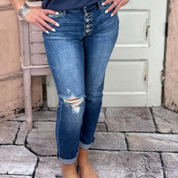 Elevate your wardrobe with our Button-Fly Boyfriend jeans! Made of 93% cotton, 6% polyester, and 1% spandex, with a flattering midrise and versatile inseam.