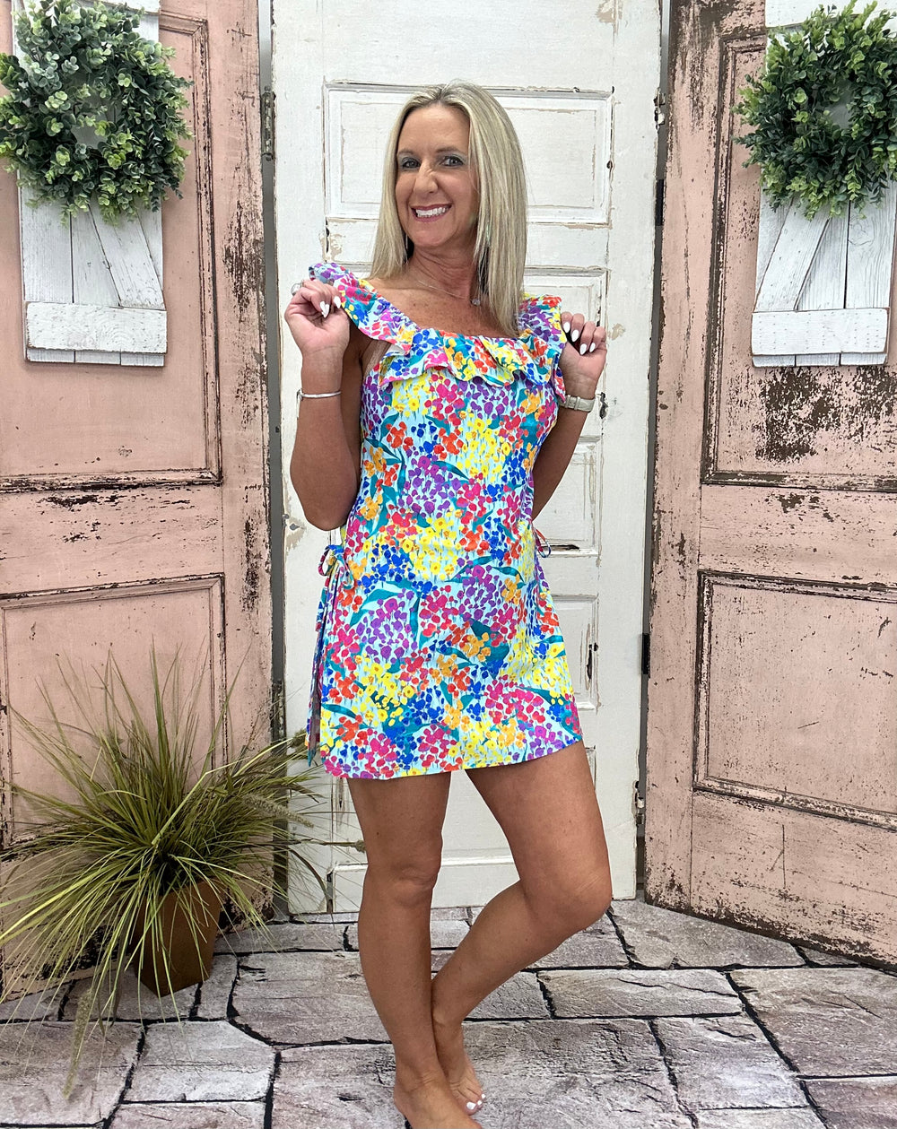 Off Shoulder Skirted Romper - Flower Oasis