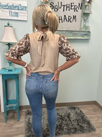 Taupe Paisley Embroidered Sleeve Suede Top
