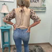 Taupe Paisley Embroidered Sleeve Suede Top