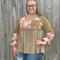 Olive Floral V-neck Top