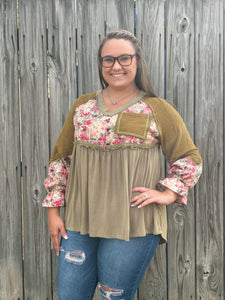 Olive Floral V-neck Top