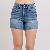 Tummy Control Cool Denim Double Waistband Shorts - HW