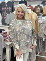 "Classic Camo Crew Neck Pullover with relaxed fit and side slits"
