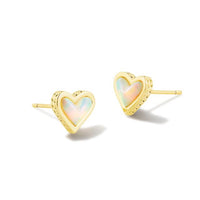 9608856579 Framed Ari Heart Gold Studs in White Opalescent Resin