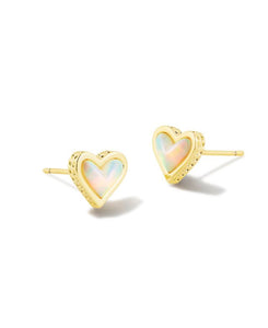 9608856579 Framed Ari Heart Gold Studs in White Opalescent Resin