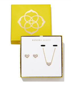 Ari Heart Gold Pave Crystal Pendant & Stud Gift Set in White Crystal