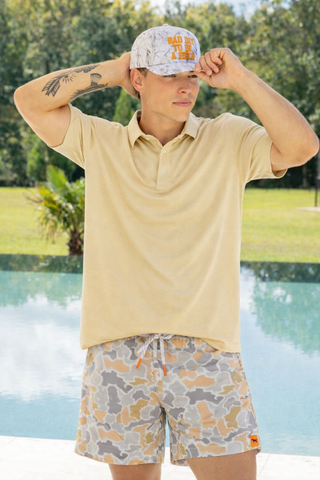 Simply Southern men’s shorts, camo shorts men, elastic waist men’s shorts, 5 inch inseam shorts, casual camo shorts, Sweet Southern Charm Simply Southern 
Simply Southern men’s camo shorts with elastic drawcord waistband, side slant pockets, and 5-inch inseam.