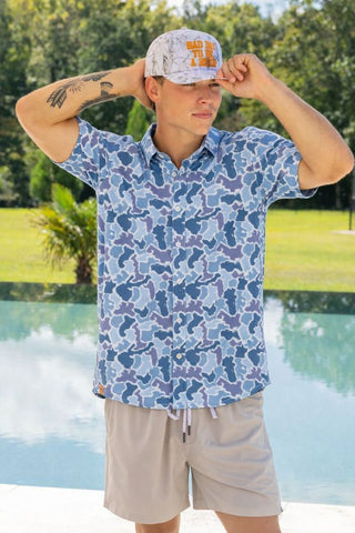 Mens Button Down Shirt - Blue Camo