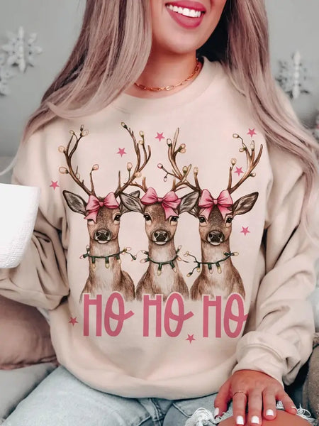 Christmas sweatshirt

Holiday reindeer sweater

Festive crewneck

Unisex Christmas sweatshirt

Gildan polyblend sweatshirt

Christmas lights design

Pink HOHO print

Cozy holiday apparel

Seasonal gift sweatshirt

Sand color Christmas sweater