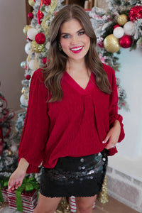 Red Marilee Pleated Velvet Top