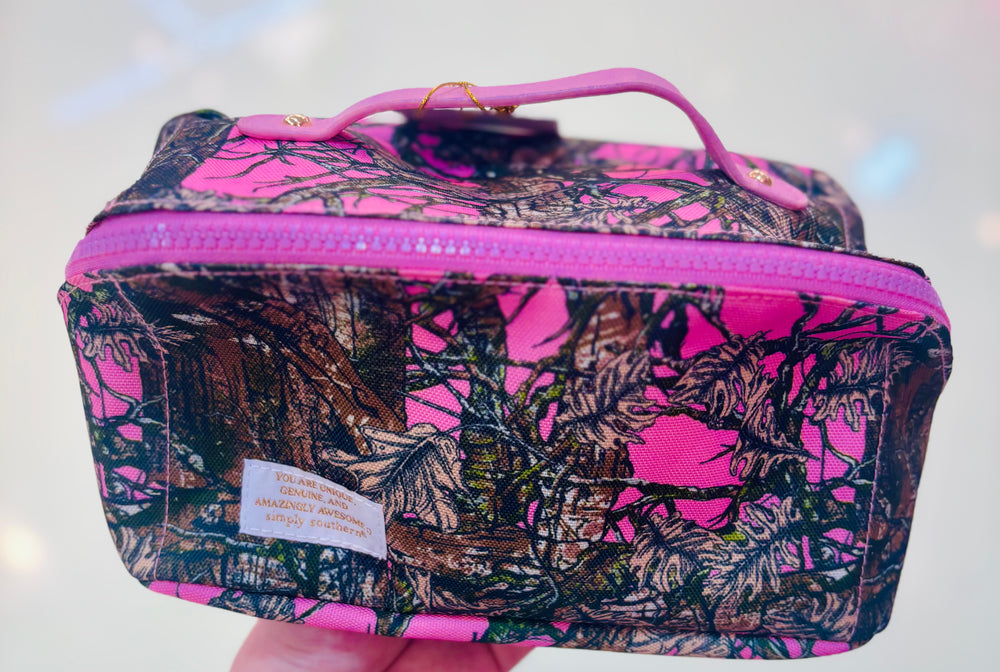 Pink and black camouflage makeup bag