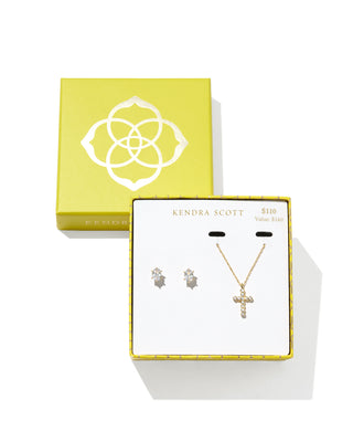 Brand | Kendra Scott
Design | Gold with crystal details
Set Includes | Cross Crystal pendant necklace and Cailin Crystal stud earrings
Necklace | 16-inch chain with a 3-inch extender
Cross Pendant | 0.83 inches long x 0.5 inches wide
Stud Earrings | 0.46 inches long x 0.46 inches wide