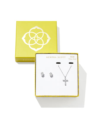 Brand | Kendra Scott
Design | Silver with crystal details
Set Includes | Cross Crystal pendant necklace and Cailin Crystal stud earrings
Necklace | 16-inch chain with a 3-inch extender
Cross Pendant | 0.83 inches long x 0.5 inches wide
Stud Earrings | 0.46 inches long x 0.46 inches wide
