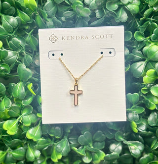 Gold Cross Pendant Necklace with matte blush pink dichroic glass stone. A meaningful and elegant faith necklace for everyday wear