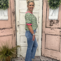 Green Contrast Print Top with Ruffle Puff Sleeves