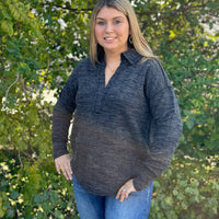 Knit V-Neck Collared Top - Charcoal