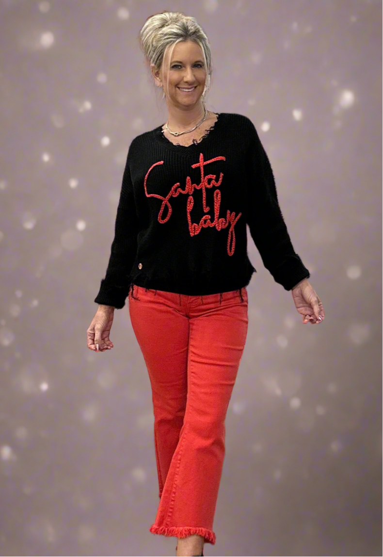 Knit V-Neck Sweater - Santa Baby