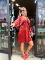 Clay Velvet Puff Sleeve V-Neck Dress

