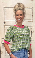 Green Contrast Print Top with Ruffle Puff Sleeves
