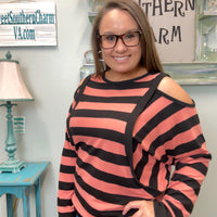 Coral & Black Striped Open Shoulder Top