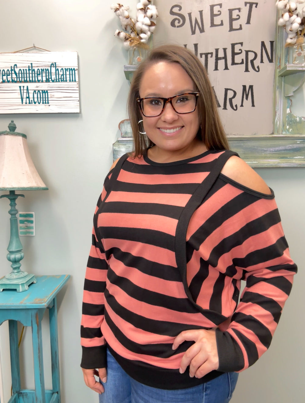 Coral & Black Striped Open Shoulder Top