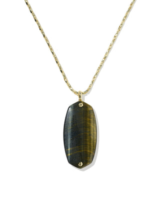 Fit | Long pendant silhouette, designed to layer or wear solo
Material | Brown hawk's eye stone pendant with riveted gold-tone hardware
Finish | Gold-tone metal with riveted detail
Pendant | Brown hawk's eye
Closure | Lobster clasp