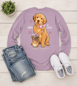 Brand | Simply Southern
Style | Long Sleeve Graphic Tee
Graphic | Dog with cold coffee drink, "Dogs &amp; Coffee" saying
Color | Light Purple
Fit | Relaxed, true-to-size