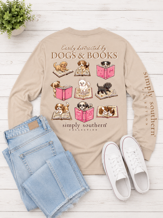 Brand | Simply Southern
Style | Long Sleeve Graphic Tee
Graphic | 3x3 grid of puppies reading pink books with "Easily Distracted by Dogs &amp; Books" saying
Sleeve Detail | "Simply Southern Collection" printed down the left sleeve
Color | Linen (Sand)
Neckline | Crew neck
Sleeve | Long sleeve
Fabric | 100% Cotton — soft, breathable, and easy to care for
Care | Machine wash cold, tumble dry low