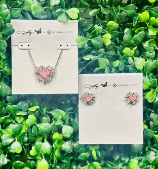 Dolly Parton x Kendra Scott Ari Heart Necklace Silver with light pink drusy heart pendant.