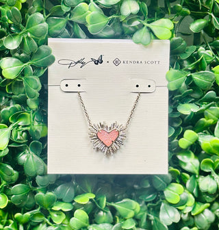 Dolly Parton x Kendra Scott Ari Heart Necklace Silver with light pink drusy heart pendant.
