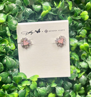 Dolly Parton x Kendra Scott Ari Heart silver Stud Earrings with light pink drusy and cubic zirconia. A sparkling heart stud with signature Dolly glam.