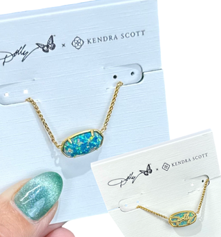 Dolly Parton x Kendra Scott Elisa necklace in vintage gold with marine opal stone.