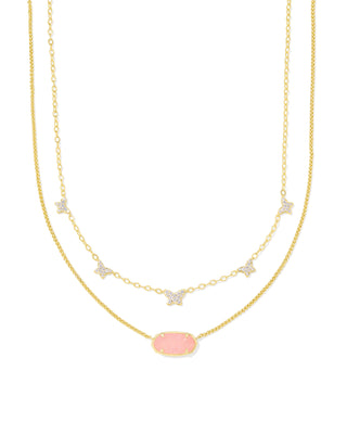 Design | Two staggered strands with Elisa accents and a butterfly pendant.
Color | Light Pink Drusy with a gold finish.
Length | Elisa strand: 16 inches with a 3-inch extender; butterfly strand: 17 inches with a 3-inch extender.
Pendants | Elisa accents: 0.18 x 0.33 inches and 0.22 x 0.38 inches; butterfly: 0.33 x 0.68 inches.
Closure | Lobster clasp.