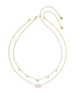 Design | Two staggered strands with Elisa accents and a butterfly pendant.
Color | Light Pink Drusy with a gold finish.
Length | Elisa strand: 16 inches with a 3-inch extender; butterfly strand: 17 inches with a 3-inch extender.
Pendants | Elisa accents: 0.18 x 0.33 inches and 0.22 x 0.38 inches; butterfly: 0.33 x 0.68 inches.
Closure | Lobster clasp.