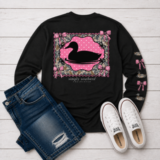 shirt features a large pink duck silhouette graphic with a camouflage border and the text 'simply southern collection' on the front, plus pink bows and camouflage print on the sleeves.