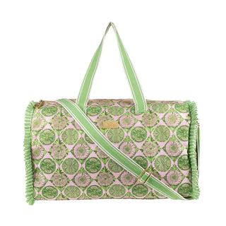 Duffle Tote - Tropical Tiles
Print | Tropical Tiles — a vibrant Lilly Pulitzer signature print
Size | 20" L x 12" H x 9.25" D (50.8 cm x 30.5 cm x 23.5 cm)
Exterior | Durable cotton canvas with matching interior lining
Detail | Feminine ruffle trim
Organization | Two small interior zip pockets; one large interior zip pocket
Structure | Removable base insert for added shape
Carrying Options | Two cotton carry handles; adjustable, removable shoulder strap (extends up to 57" / 144.8 cm)