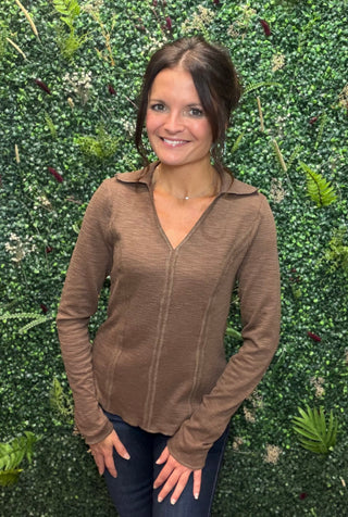 Ribbed Long Sleeve Collar Top - Brown