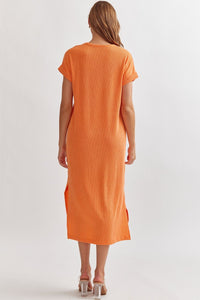 Orange Ribbed Short Sleeve Maxi Dress