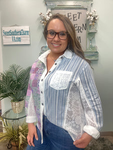 Blue Color Block Button Down Top