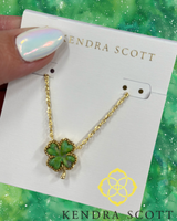 Clover Gold Short Pendant Necklace in Lime Green Magnesite
