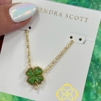 Clover Gold Short Pendant Necklace in Lime Green Magnesite