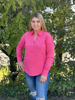 Knit V-Neck Collared Top - Pink
