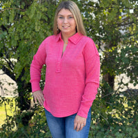 Knit V-Neck Collared Top - Pink