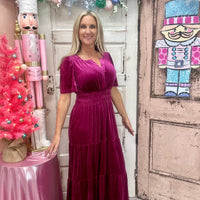 Velvet V-Neck Short Sleeve Maxi Dress - Red Dahlia