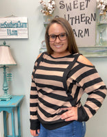 Taupe & Black Striped Open Shoulder Top
