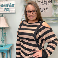 Taupe & Black Striped Open Shoulder Top