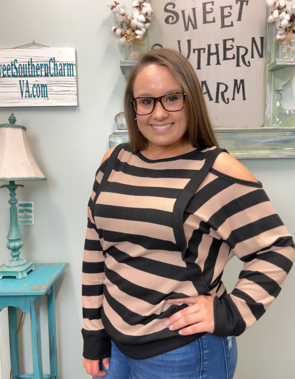 Taupe & Black Striped Open Shoulder Top