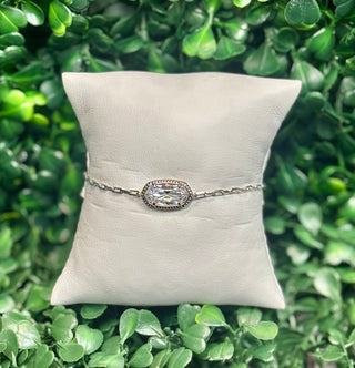 Elaina Luxe Chain Bracelet Silver White with cubic zirconia oval stone on silver paperclip chain.